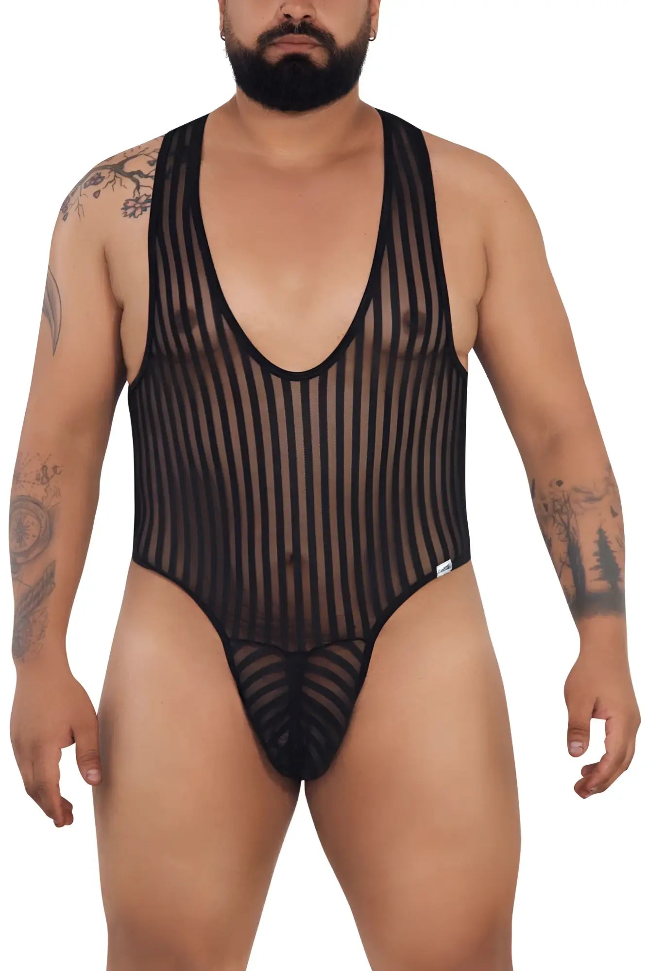 CandyMan 99727X work-n-play bodysuit in black sheer mesh with vertical stripes and a deep scoop neckline
