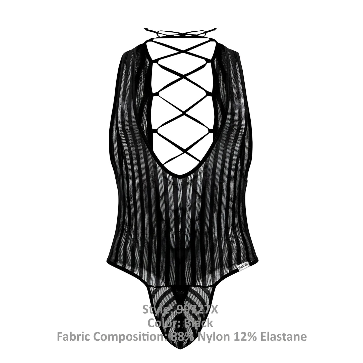 Black sheer mesh candyMan 99727X work-n-play bodysuit with vertical stripes and lace-up back shown from the back