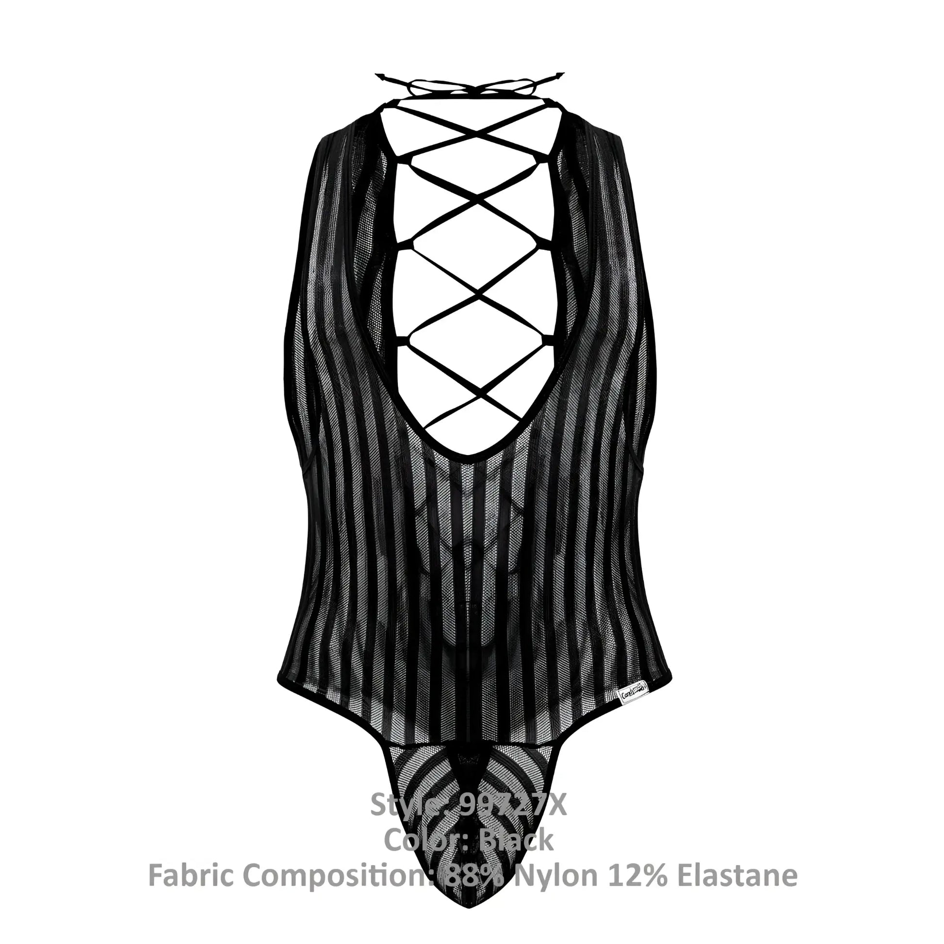Black sheer mesh candyMan 99727X work-n-play bodysuit with vertical stripes and lace-up back shown from the back