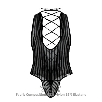 Black sheer mesh candyMan 99727X work-n-play bodysuit with vertical stripes and lace-up back shown from the back