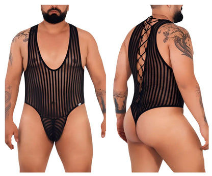 Black candyMan 99727X work-N-play bodysuit back view with sheer striped mesh fabric and lace-up detail