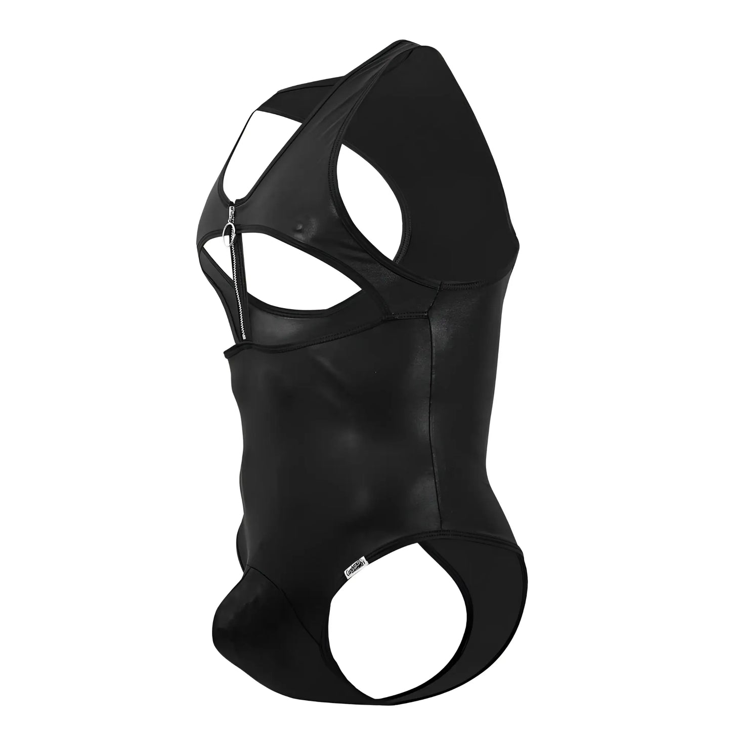 Black faux leather CandyMan 99728X Work-N-Play bodysuit with cut-out design and zipper closure