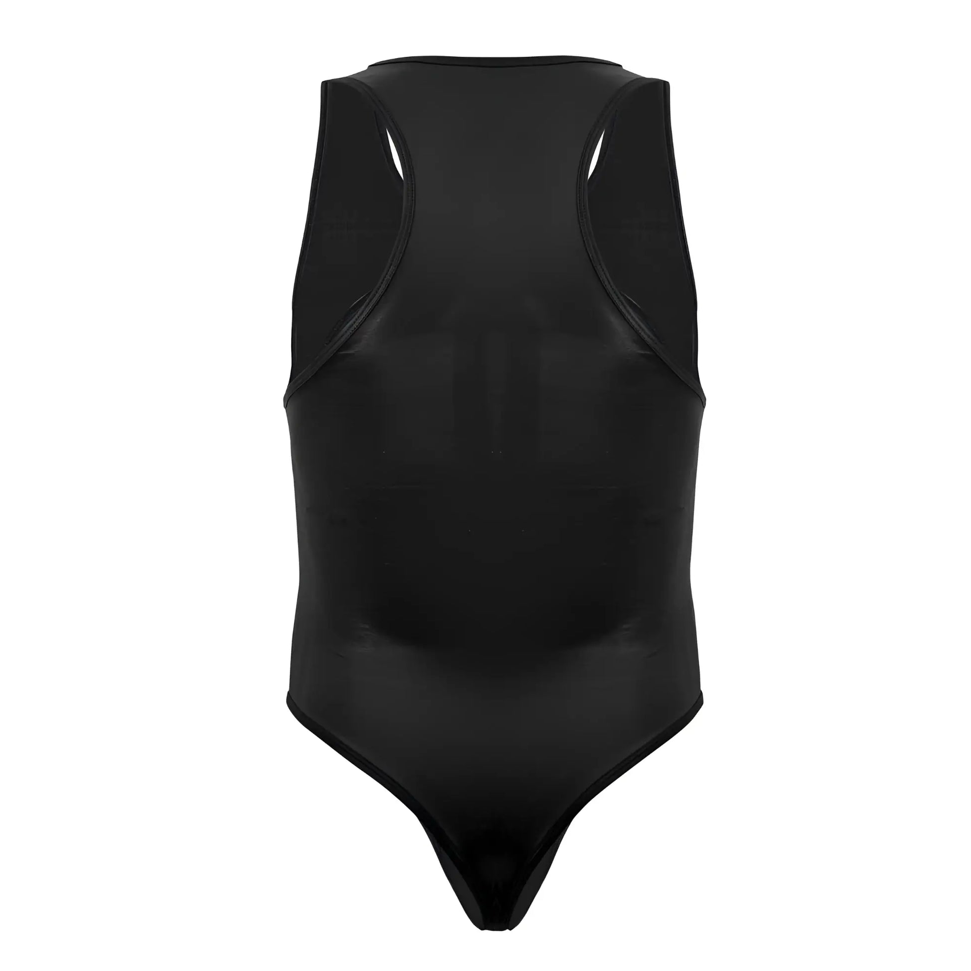 Black glossy latex one-piece CandyMan 99728X work-n-play bodysuit with racerback design, back side shown