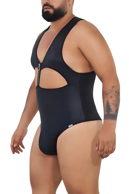 Black candyman 99728x work-n-play bodysuit one-piece swimsuit with plunging neckline and side cut-out details
