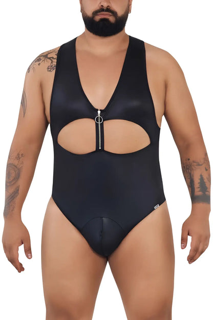Black Candyman 99728X Work-N-Play bodysuit with plunging neckline cutout and silver zipper front detail