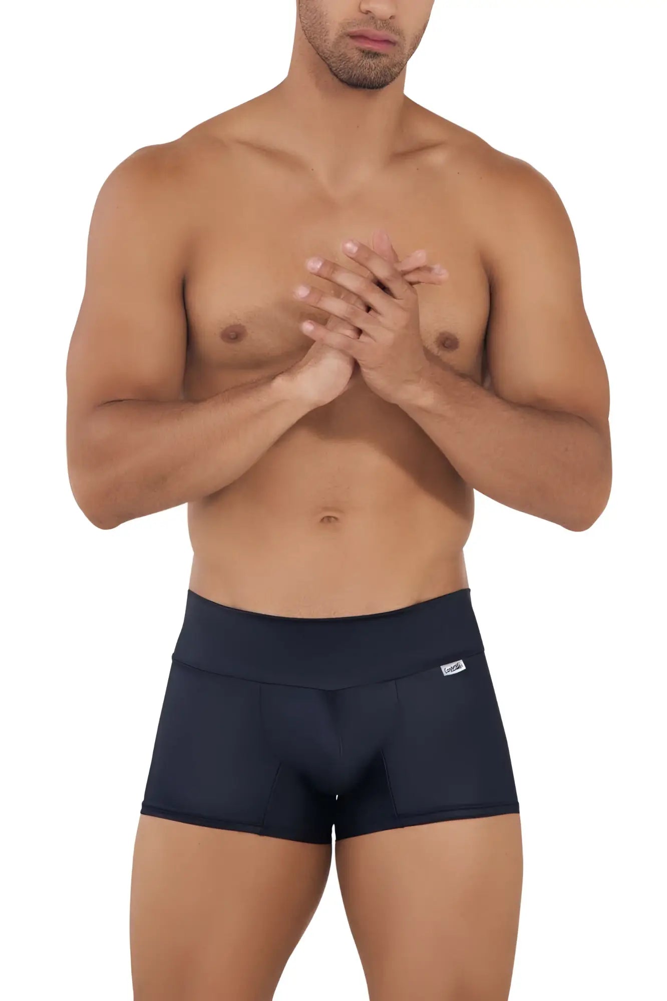 Navy blue CandyMan 99729 work-n-out trunks men’s briefs with high waistband and subtle side brand logo in black color