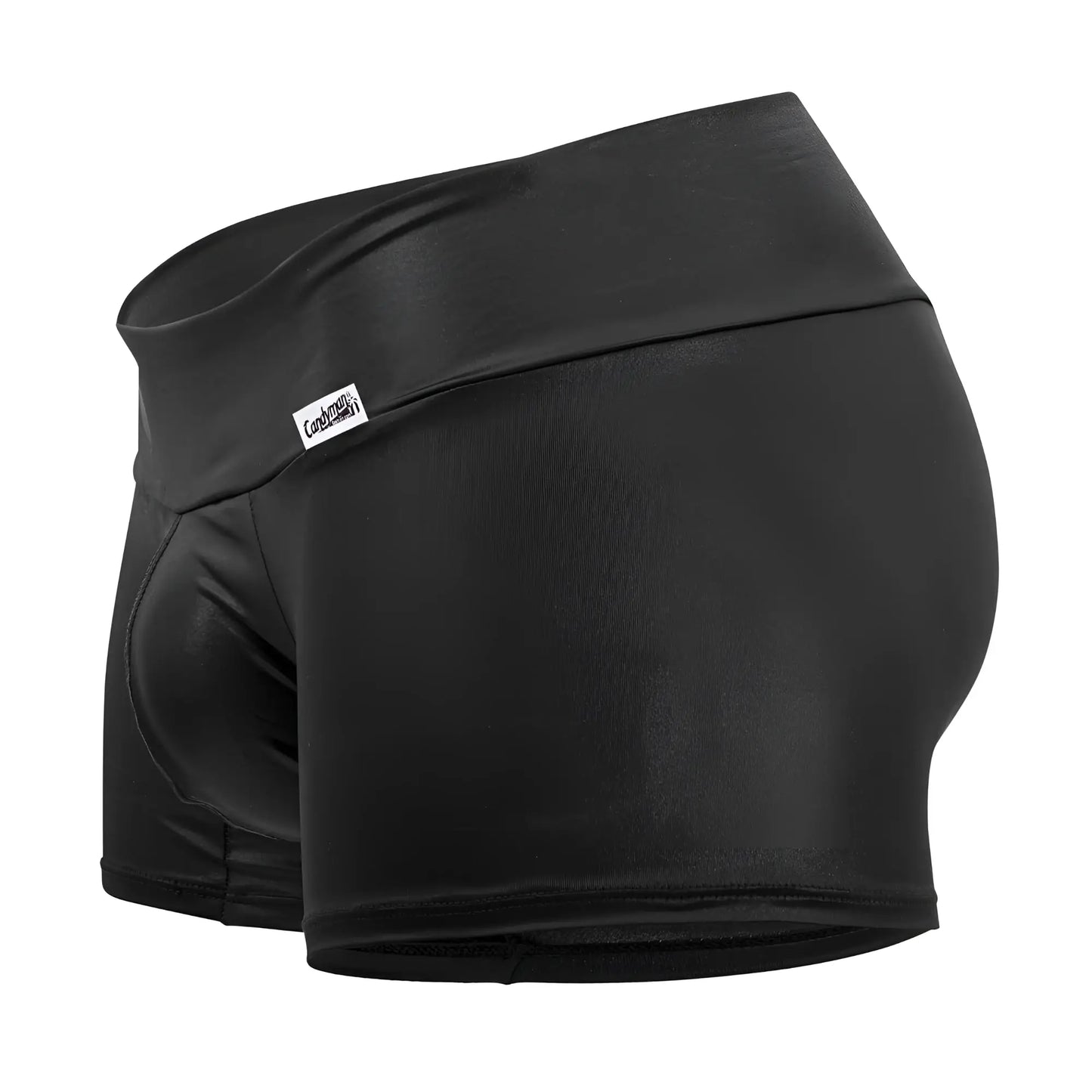 Black shiny faux leather high-waisted CandyMan 99729 Work-N-Out trunks with white brand tag on waistband