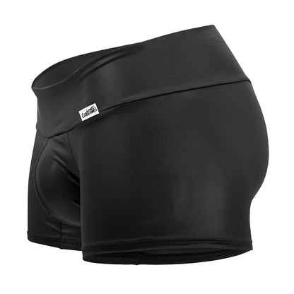 Black shiny faux leather high-waisted CandyMan 99729 Work-N-Out trunks with white brand tag on waistband