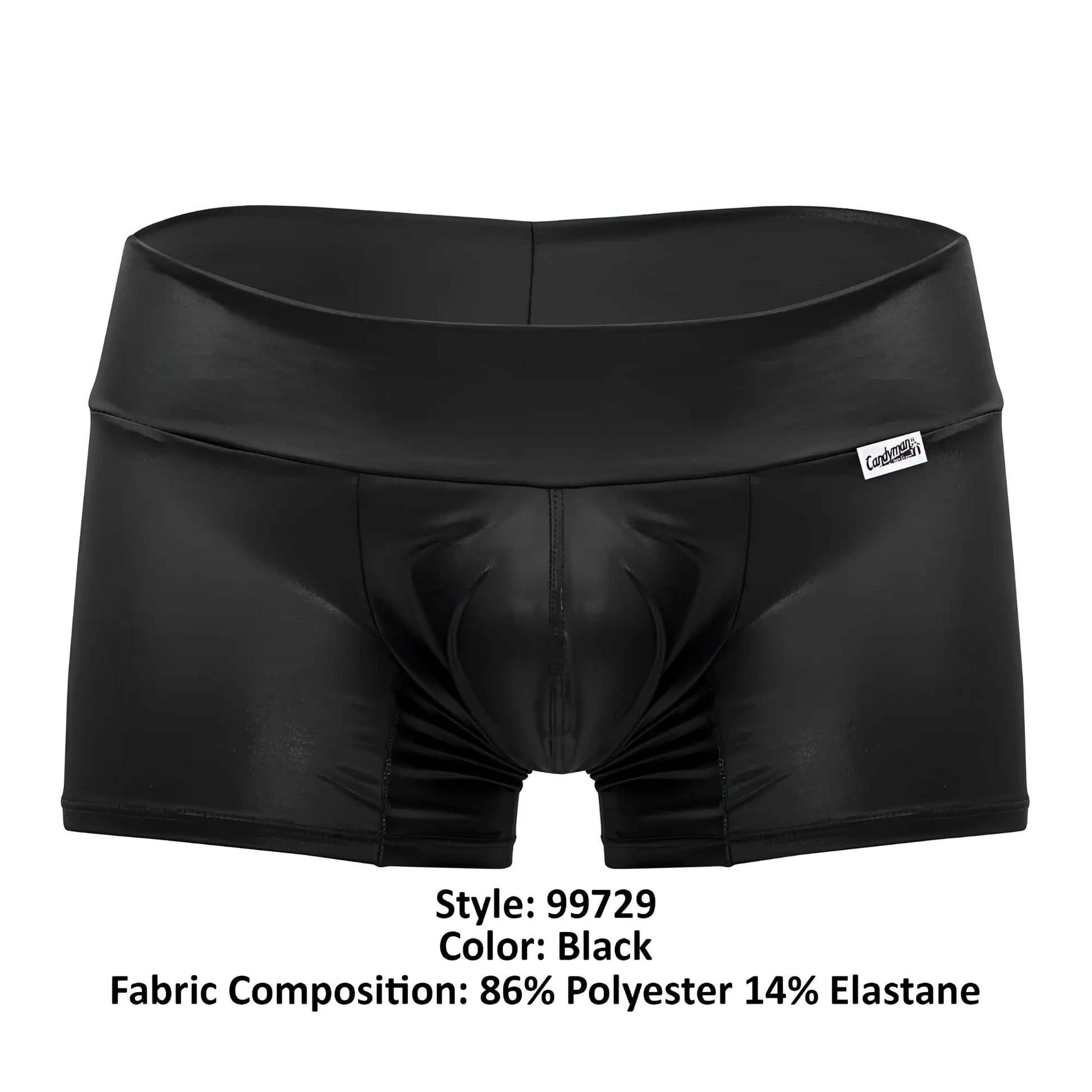 Black shiny faux leather high-waisted CandyMan 99729 Work-N-Out trunks with a white brand tag on the waistband