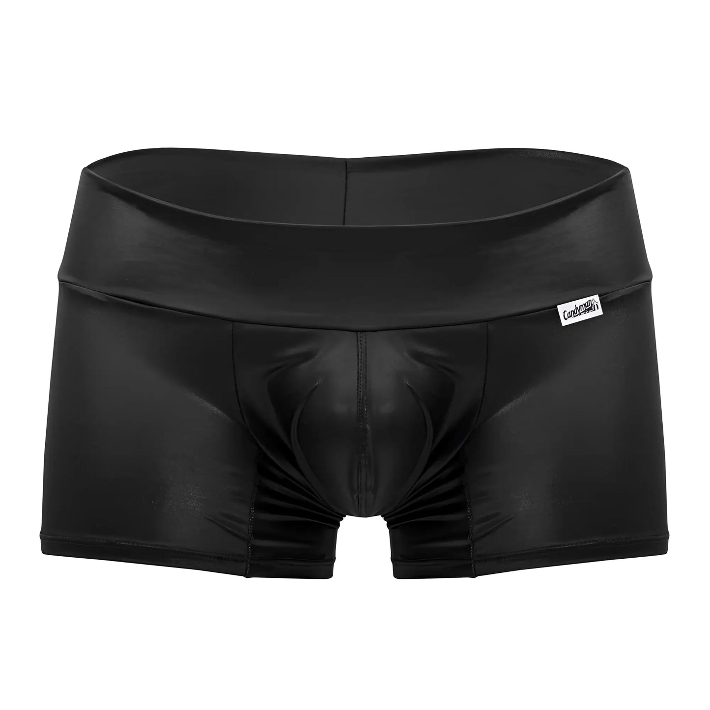 Black shiny faux leather men’s briefs high-waisted with white brand tag candyMan 99729 Work-N-Out trunks black