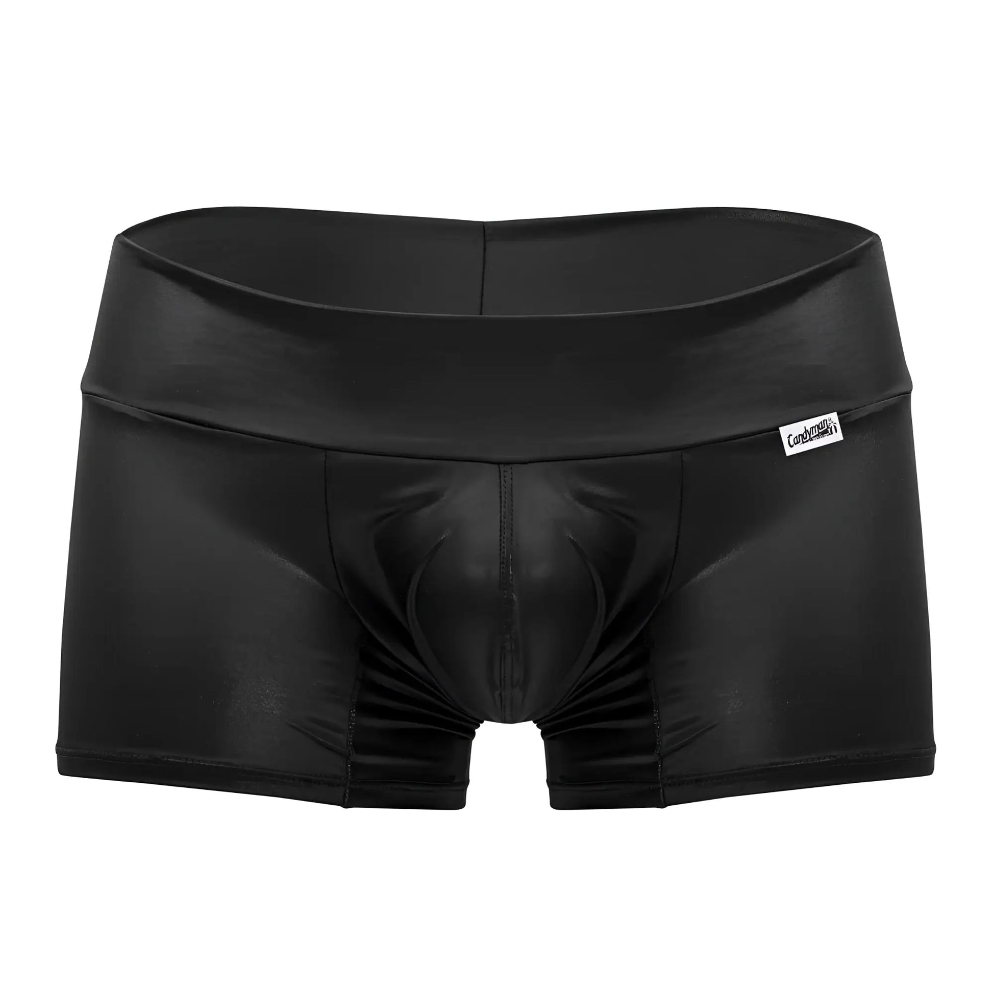 Black shiny faux leather men’s briefs high-waisted with white brand tag candyMan 99729 Work-N-Out trunks black