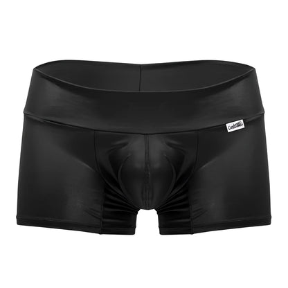 Black shiny faux leather men’s briefs high-waisted with white brand tag candyMan 99729 Work-N-Out trunks black