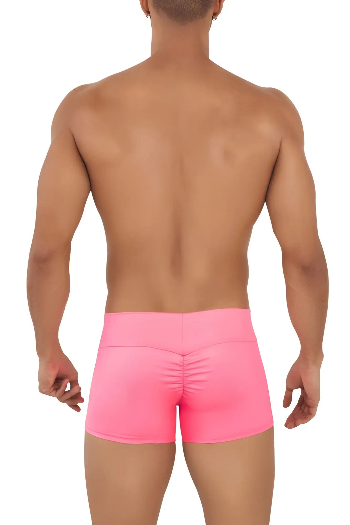 Bright pink candyman 99729 work-n-out trunks with ruched back detail in form-fitting swim fabric shown from back side