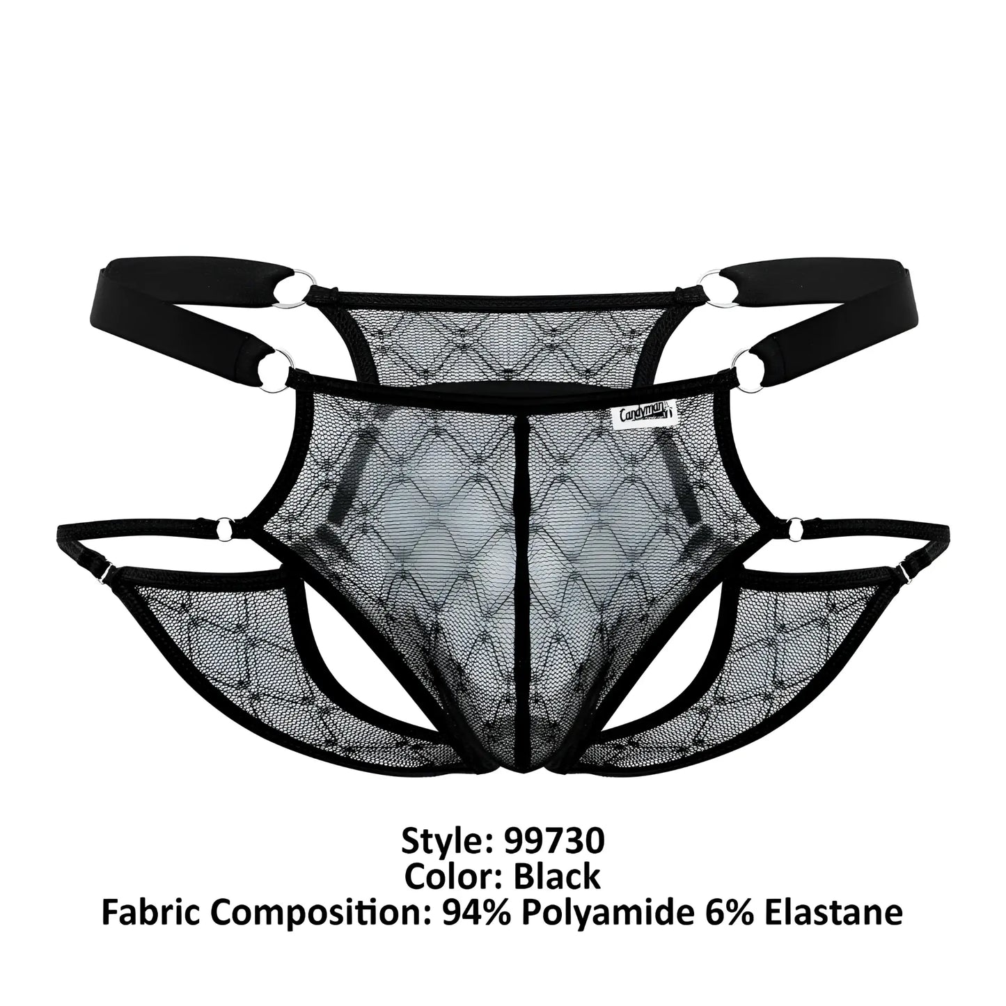 Black mesh lace jockstrap briefs with diamond pattern and adjustable straps by candyman 99730 color black