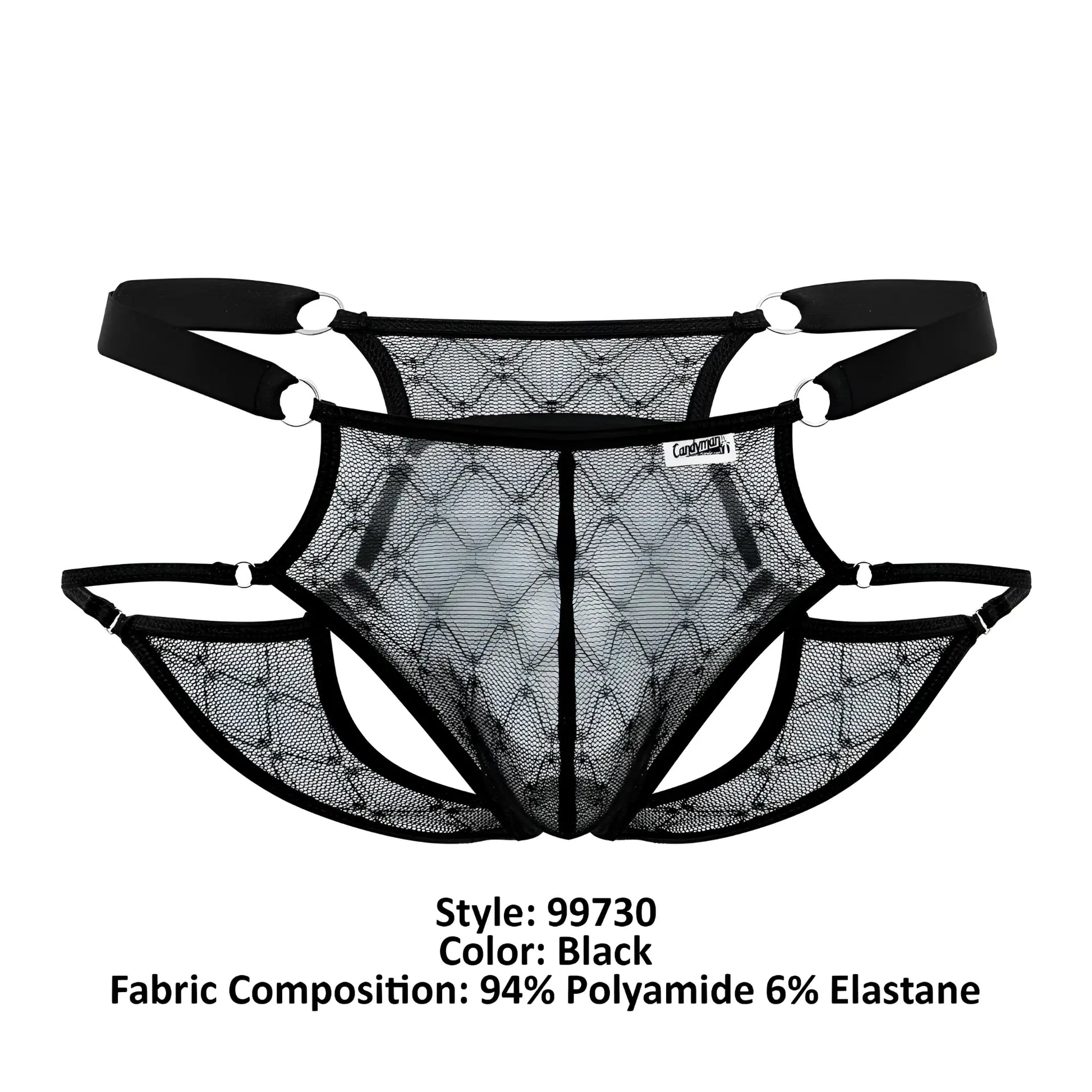 Black mesh lace jockstrap briefs with diamond pattern and adjustable straps by candyman 99730 color black