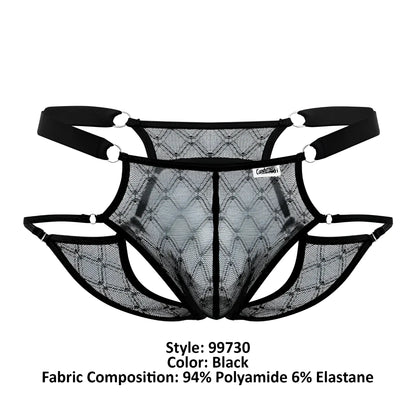 Black mesh lace jockstrap briefs with diamond pattern and adjustable straps by candyman 99730 color black