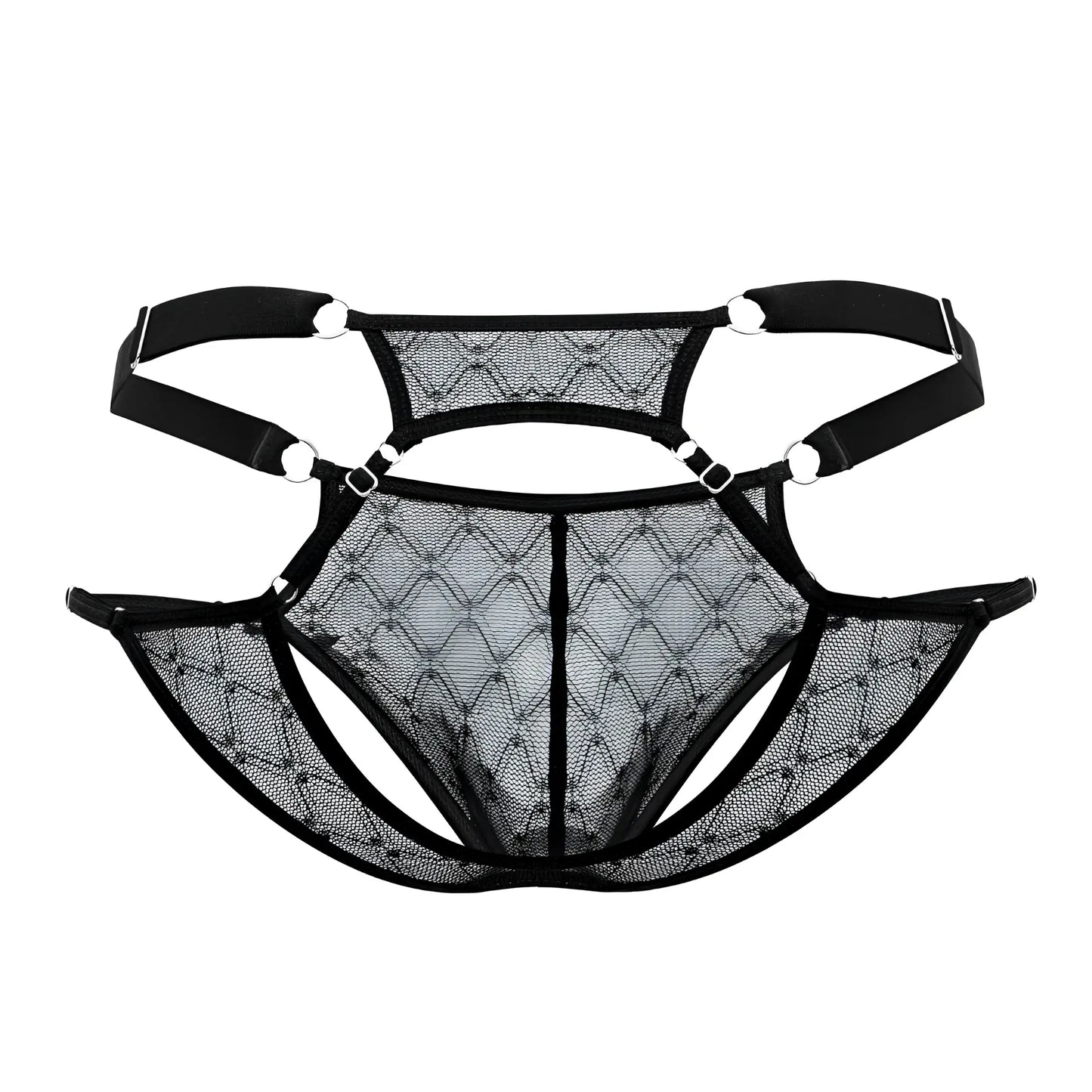 Black CandyMan 99730 lace jockstrap with diamond mesh pattern and adjustable straps shown from the front