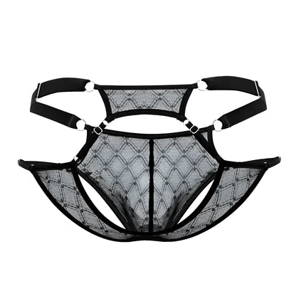 Black CandyMan 99730 lace jockstrap with diamond mesh pattern and adjustable straps shown from the front