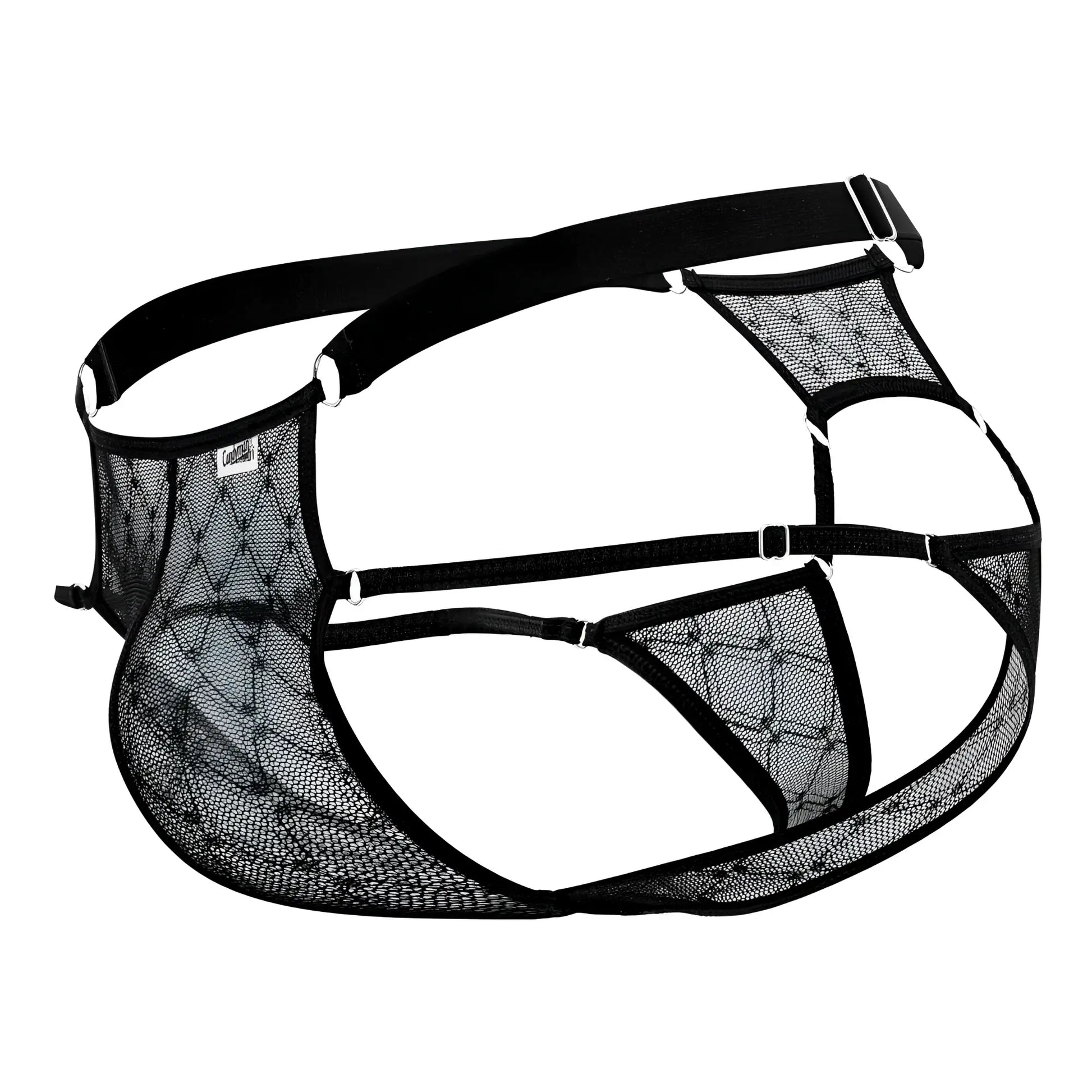 CandyMan 99730 black lace jockstrap with black mesh lingerie harness, adjustable straps, and silver-toned clasps
