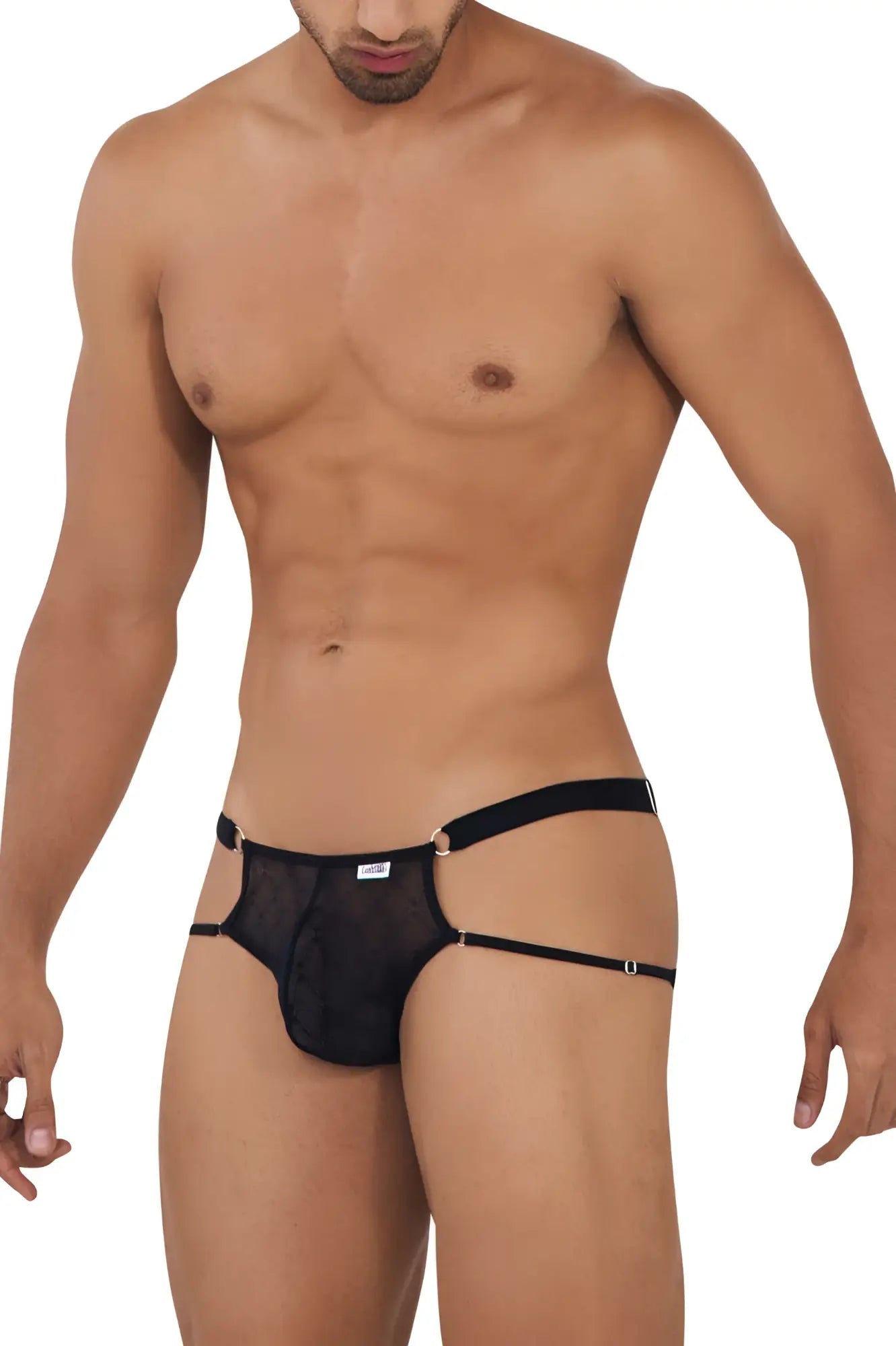 Black mesh lace jockstrap by candyman with thin side straps and metallic grommets in color black