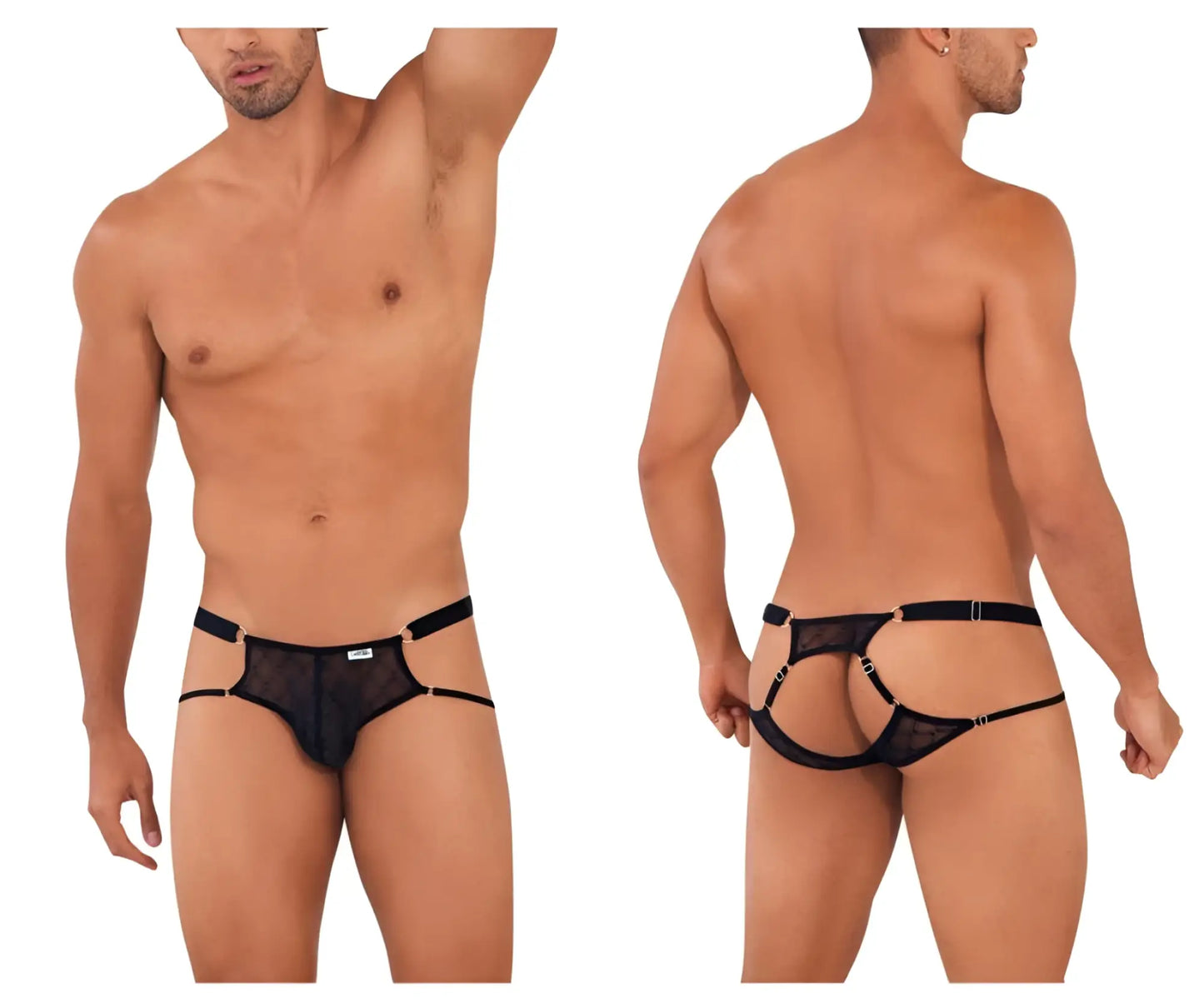 Black candyMan 99730 lace jockstrap in mesh thong style with adjustable straps and metallic hardware visible from back