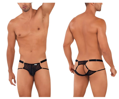 Black candyMan 99730 lace jockstrap in mesh thong style with adjustable straps and metallic hardware visible from back