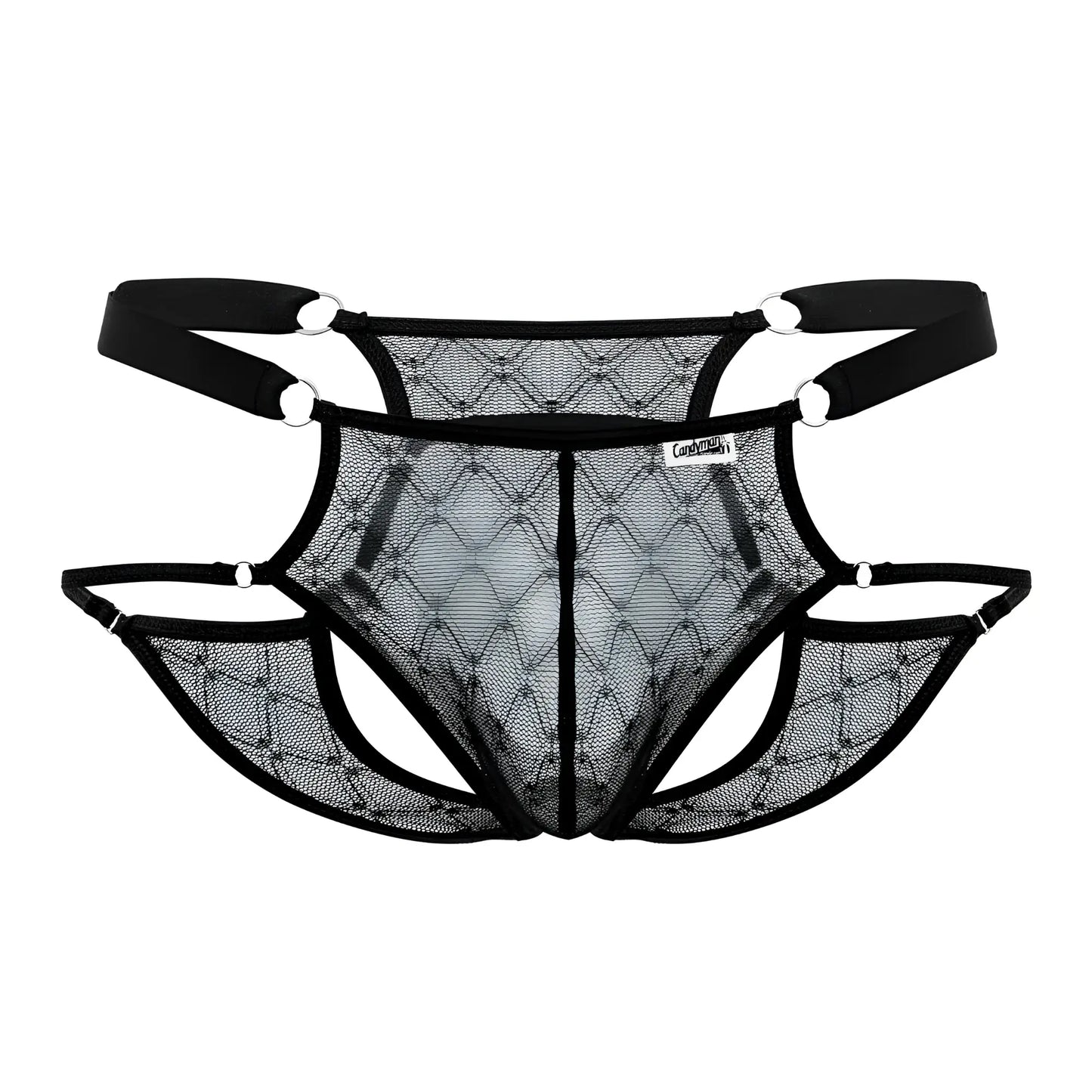 Black mesh thong with diamond-patterned design and adjustable straps from candyman 99730 lace jockstrap in black