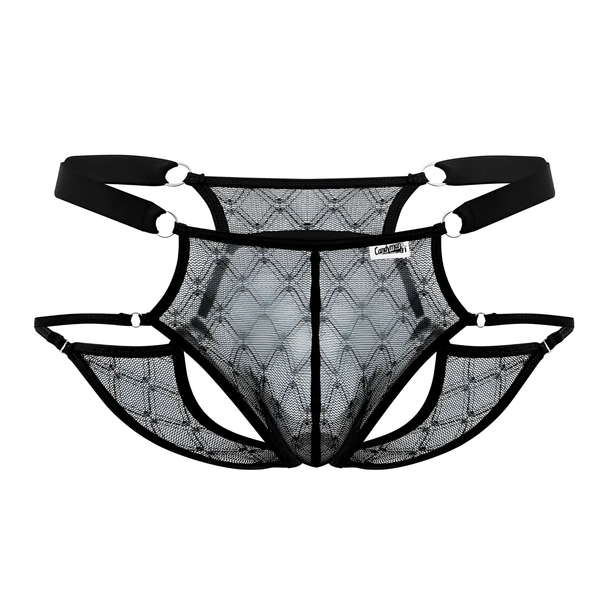 Black mesh thong with diamond-patterned design and adjustable straps from candyman 99730 lace jockstrap in black