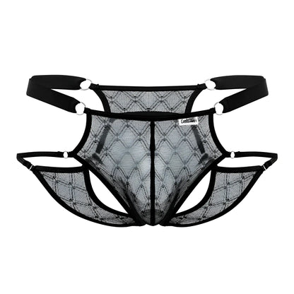 Black mesh thong with diamond-patterned design and adjustable straps from candyman 99730 lace jockstrap in black