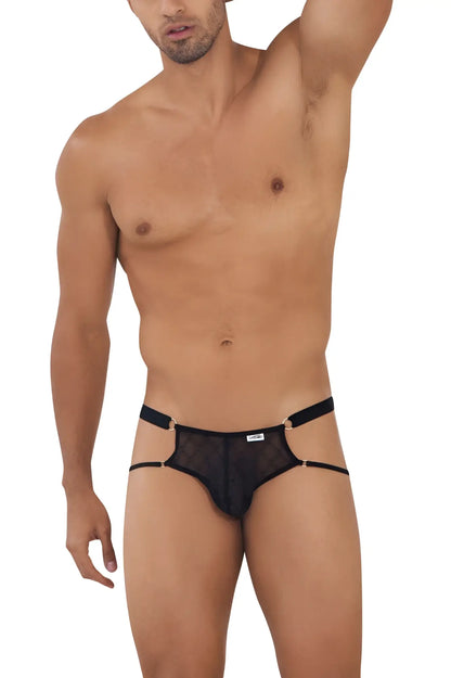 CandyMan 99730 lace jockstrap in black sheer mesh briefs with black elastic straps and gold-tone hardware
