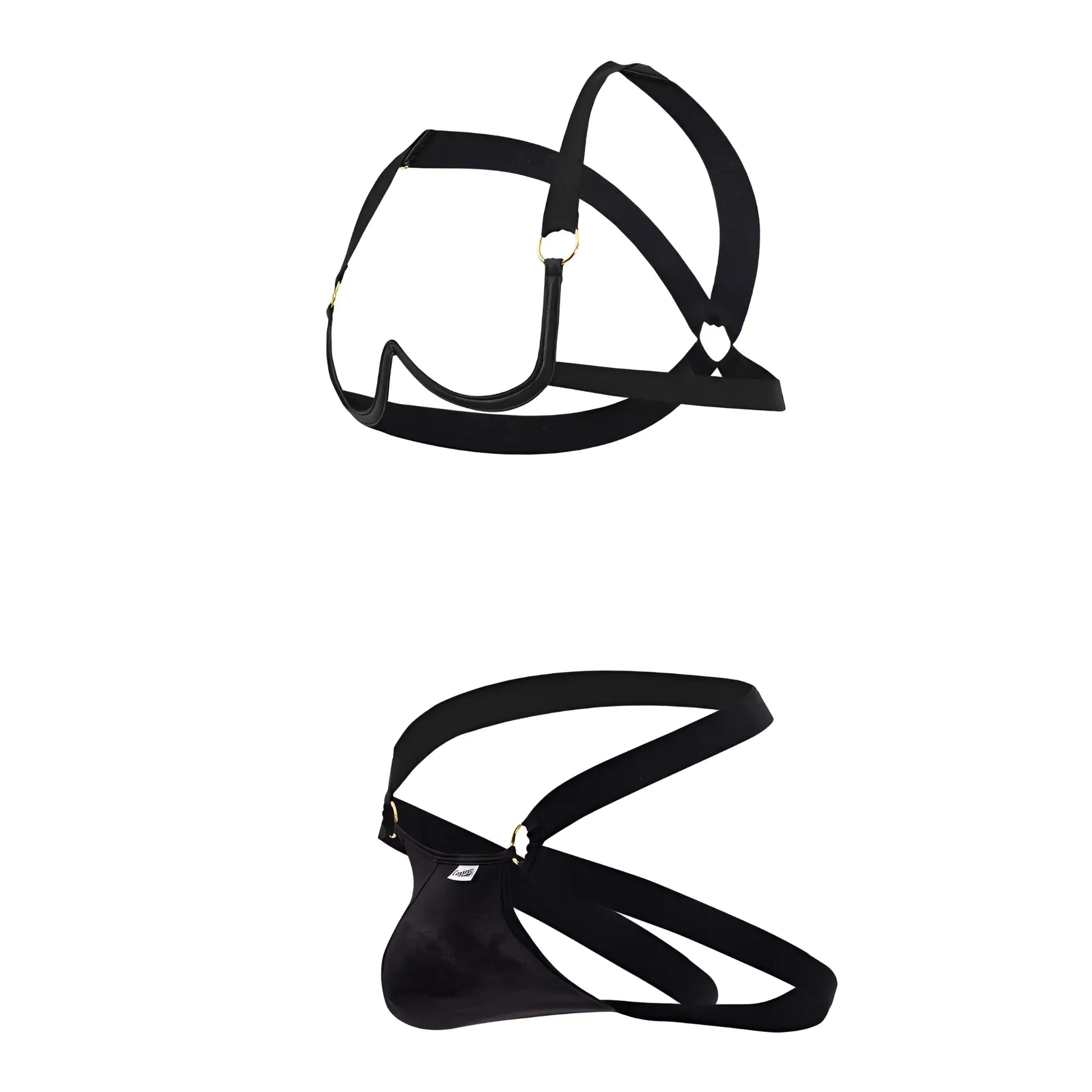 Black leather candyMan 99731 harness bra two piece set with adjustable straps and metallic hardware