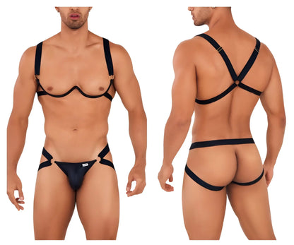 Black leather harness-bra two piece set by CandyMan with gold-tone clasps and adjustable straps in black color