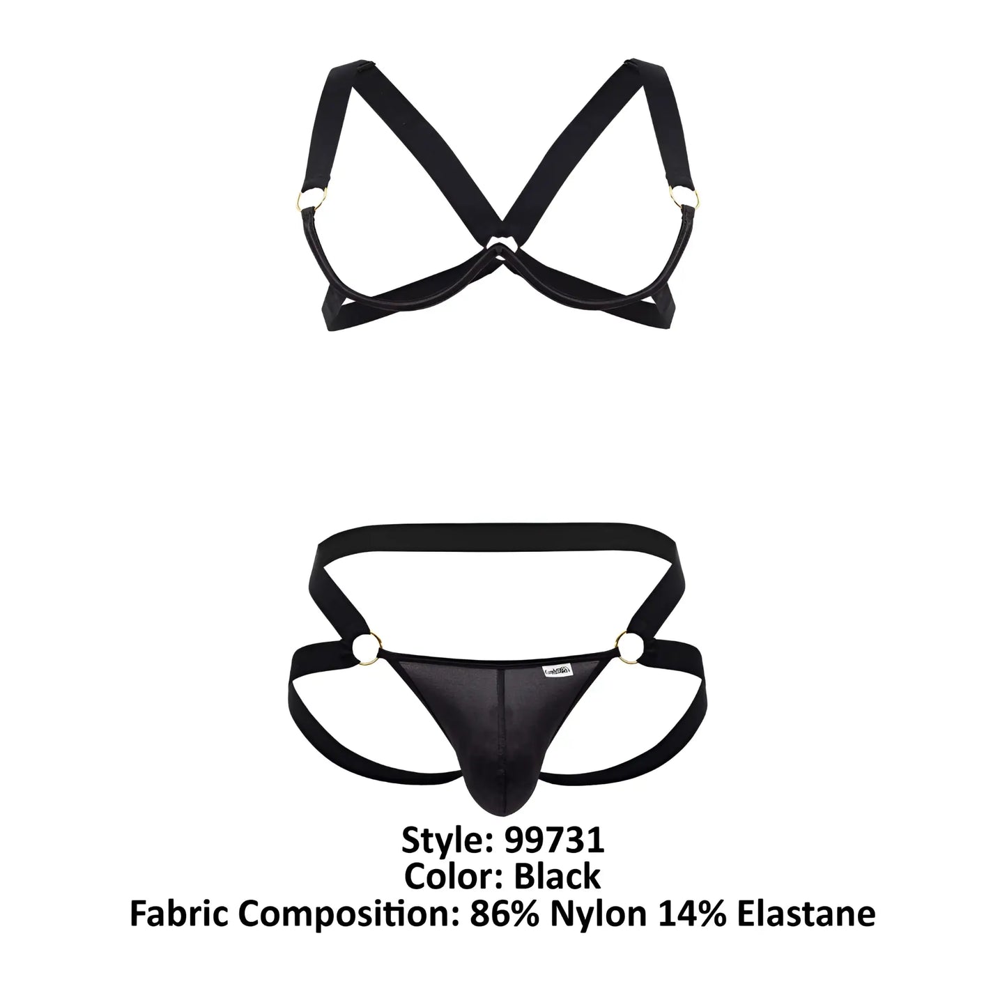 Black mens nylon and elastane briefs with supportive crisscross back strap from candyman 99731 harness-bra set