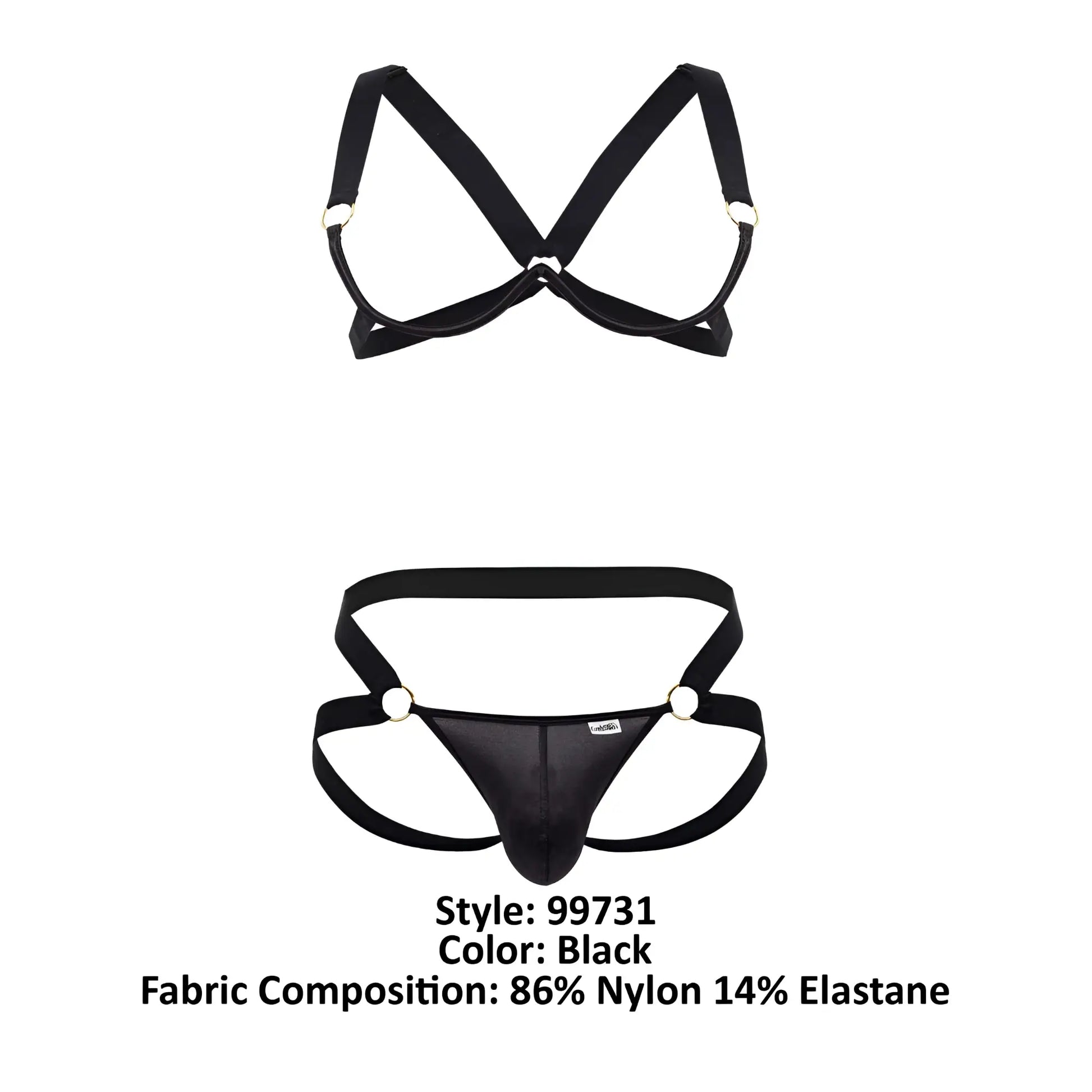 Black mens nylon and elastane briefs with supportive crisscross back strap from candyman 99731 harness-bra set