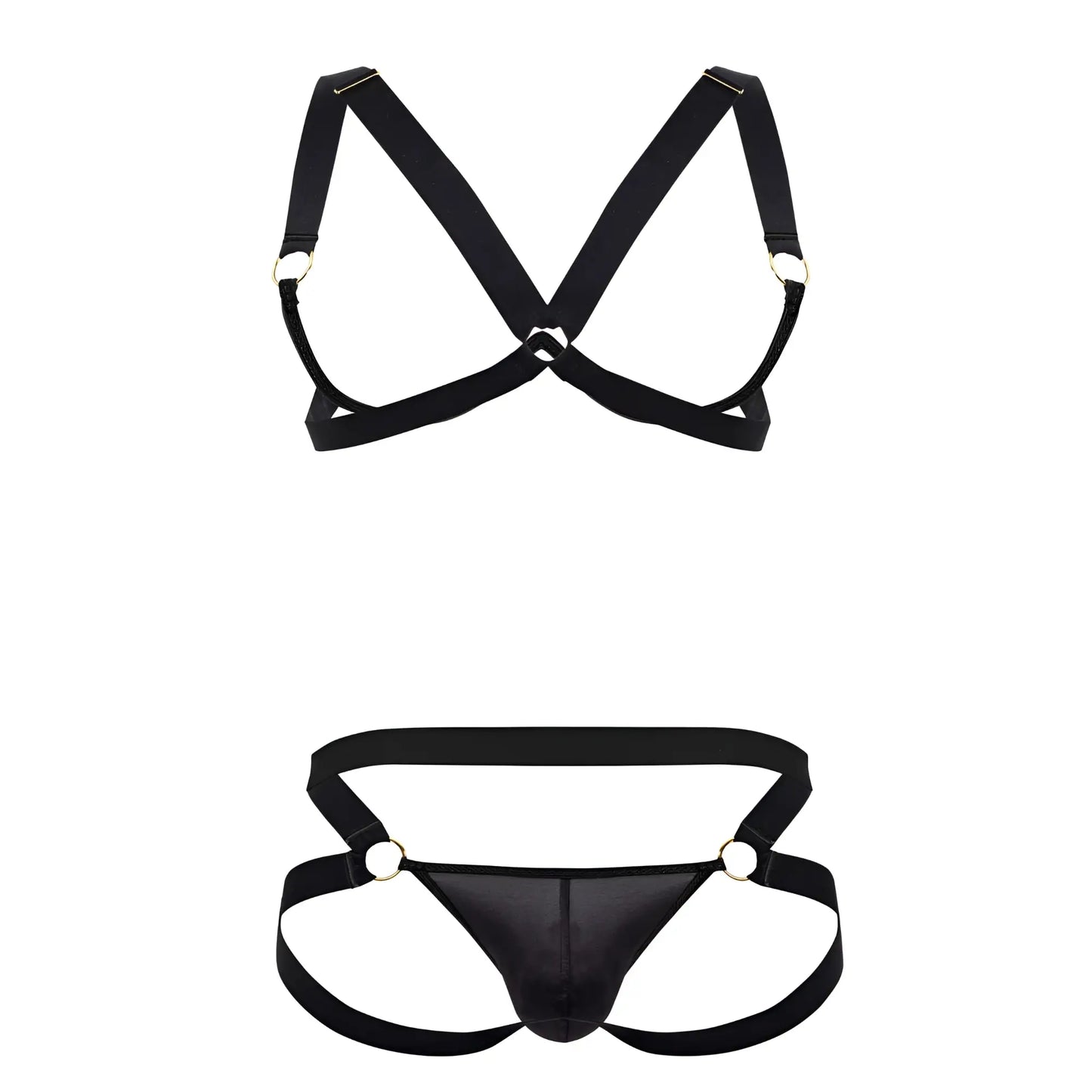 Black satin harness bra two piece set by CandyMan with metallic rings in color black shown from the front