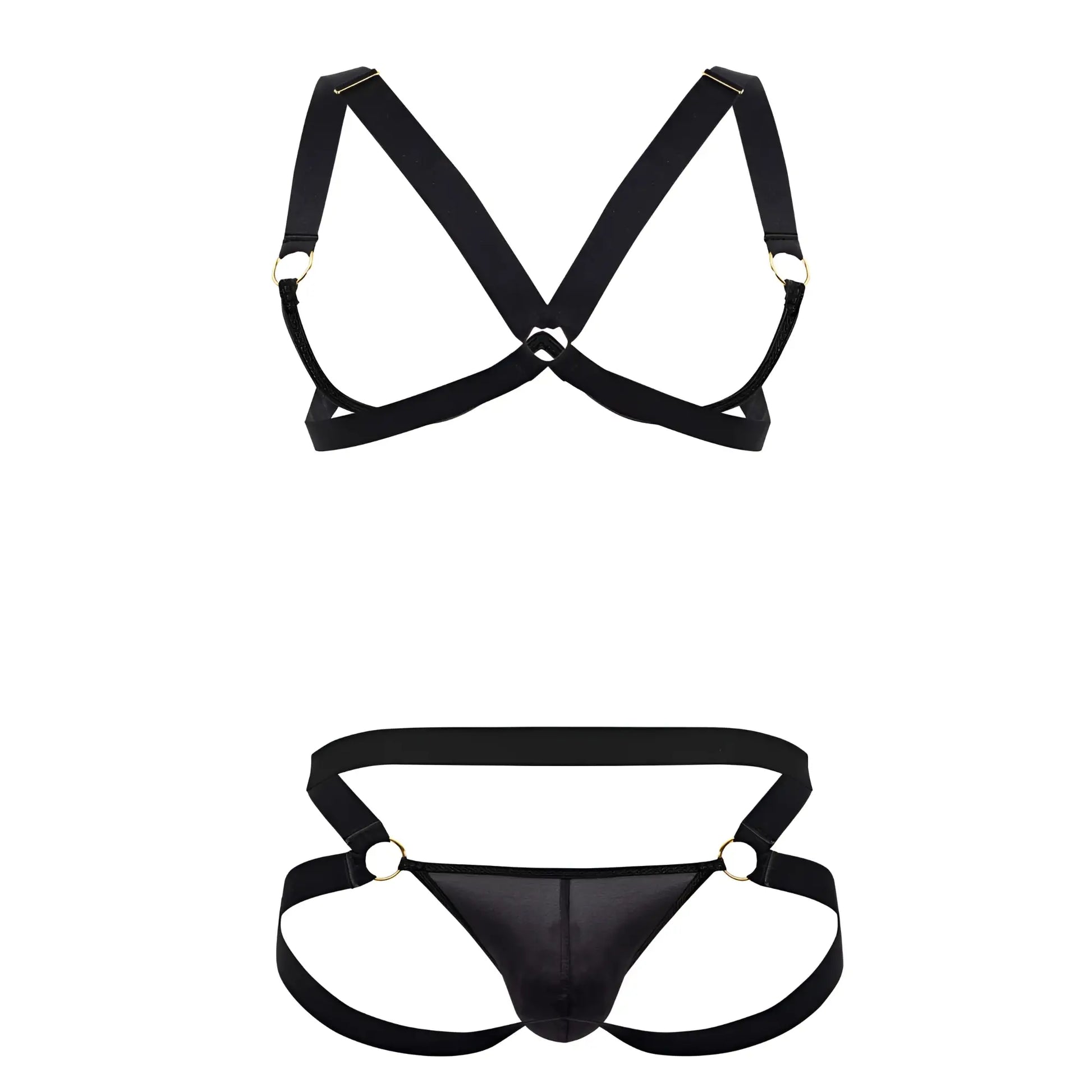 Black satin harness bra two piece set by CandyMan with metallic rings in color black shown from the front