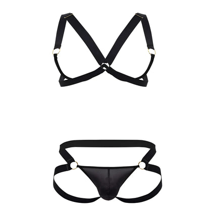 Black satin harness bra two piece set by CandyMan with metallic rings in color black shown from the front