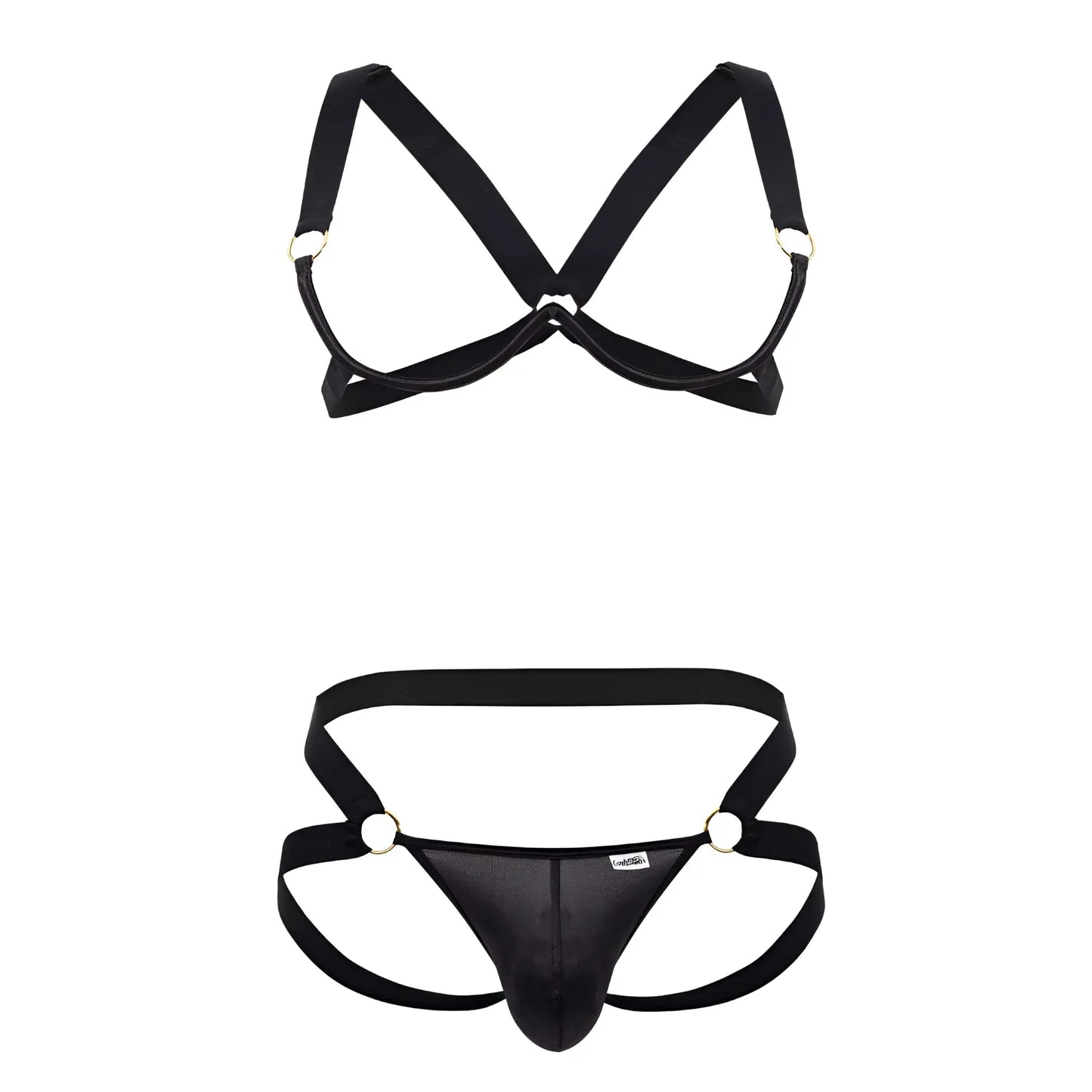 Black satin harness bra two piece set with metallic rings and central panel design by candyman