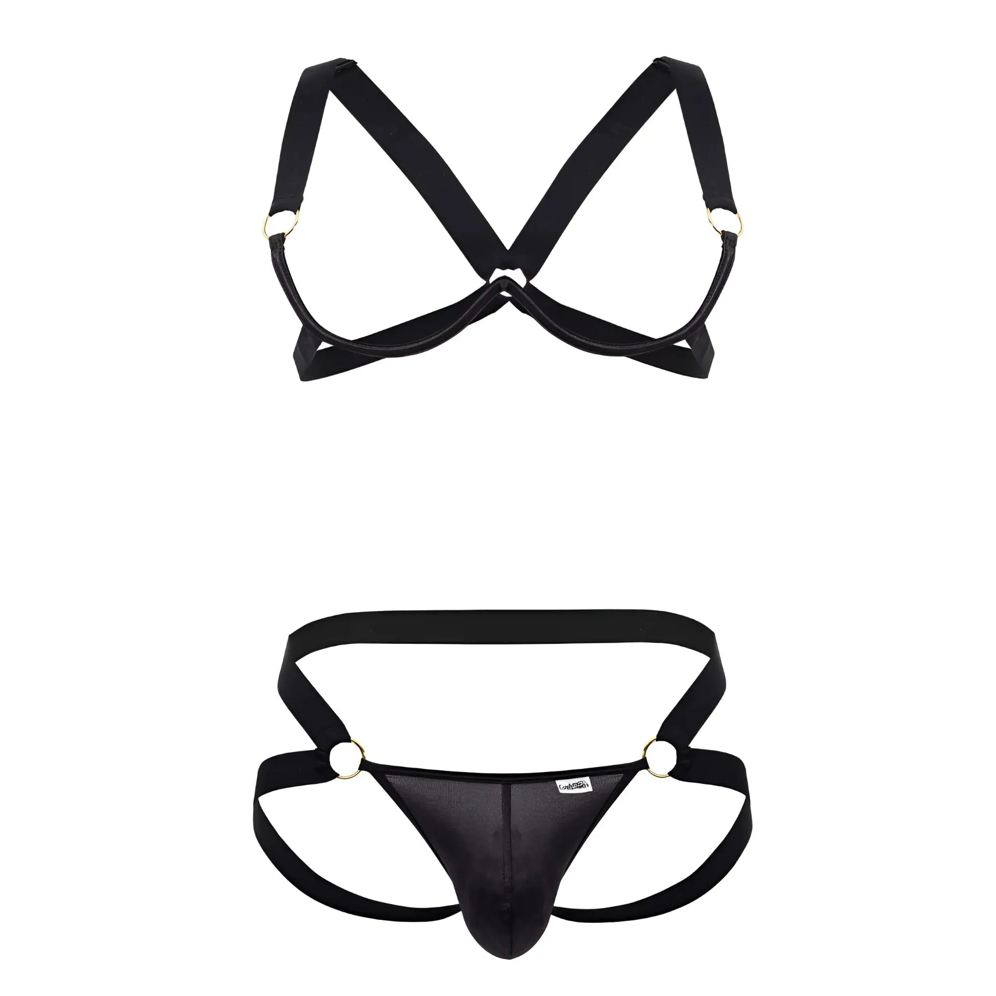 Black satin harness bra two piece set with metallic rings and central panel design by candyman