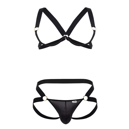 Black satin harness bra two piece set with metallic rings and central panel design by candyman