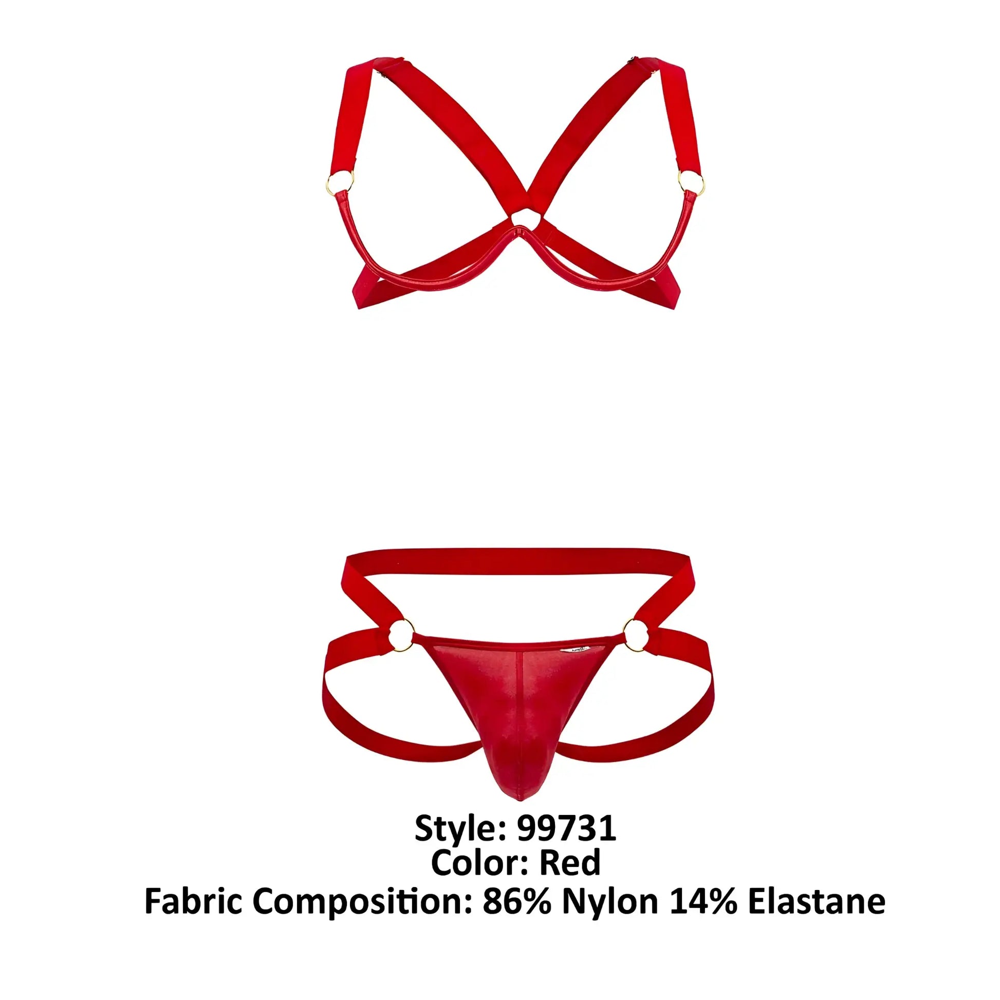 Red nylon and elastane CandyMan 99731 harness-bra two piece set with shiny, form-fitting lingerie design