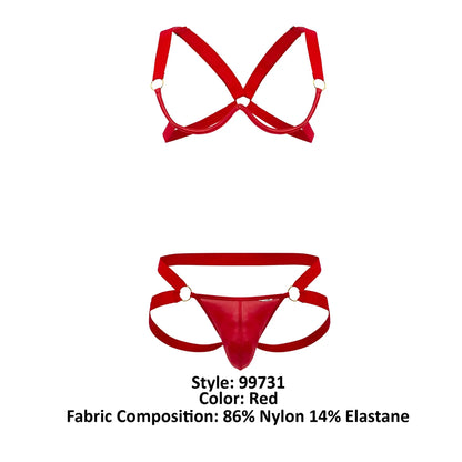 Red nylon and elastane CandyMan 99731 harness-bra two piece set with shiny, form-fitting lingerie design