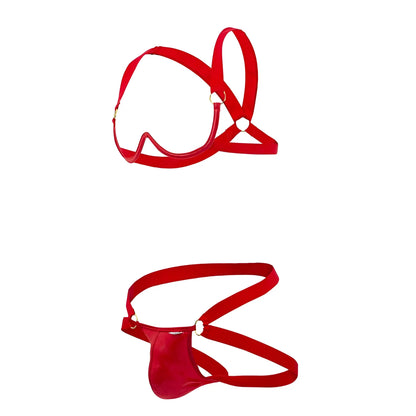Red patent leather men’s jockstrap with gold-tone hardware from candyman 99731 harness-bra two piece set