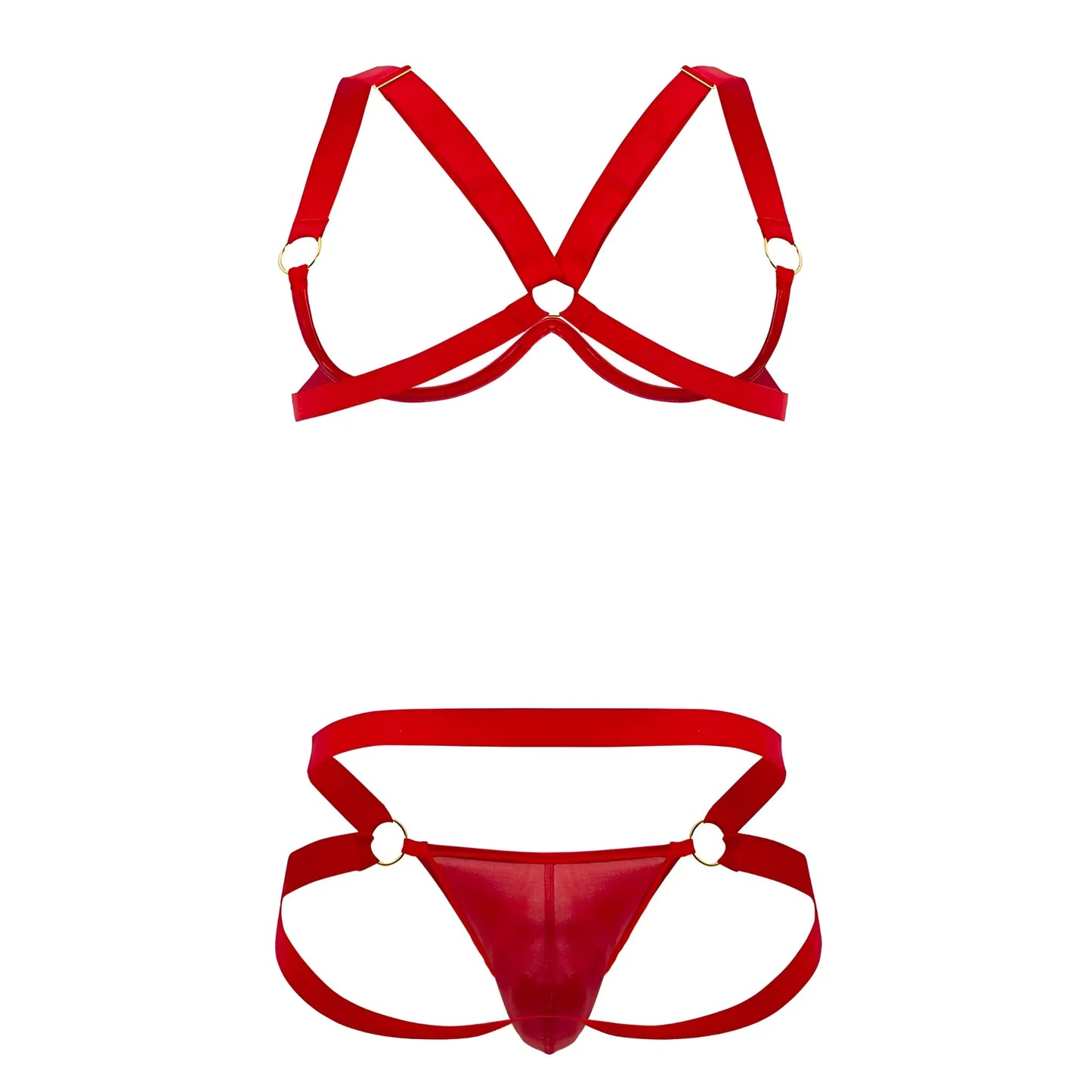 Red satin harness bra two piece set with gold toned metal rings by candyman in color red