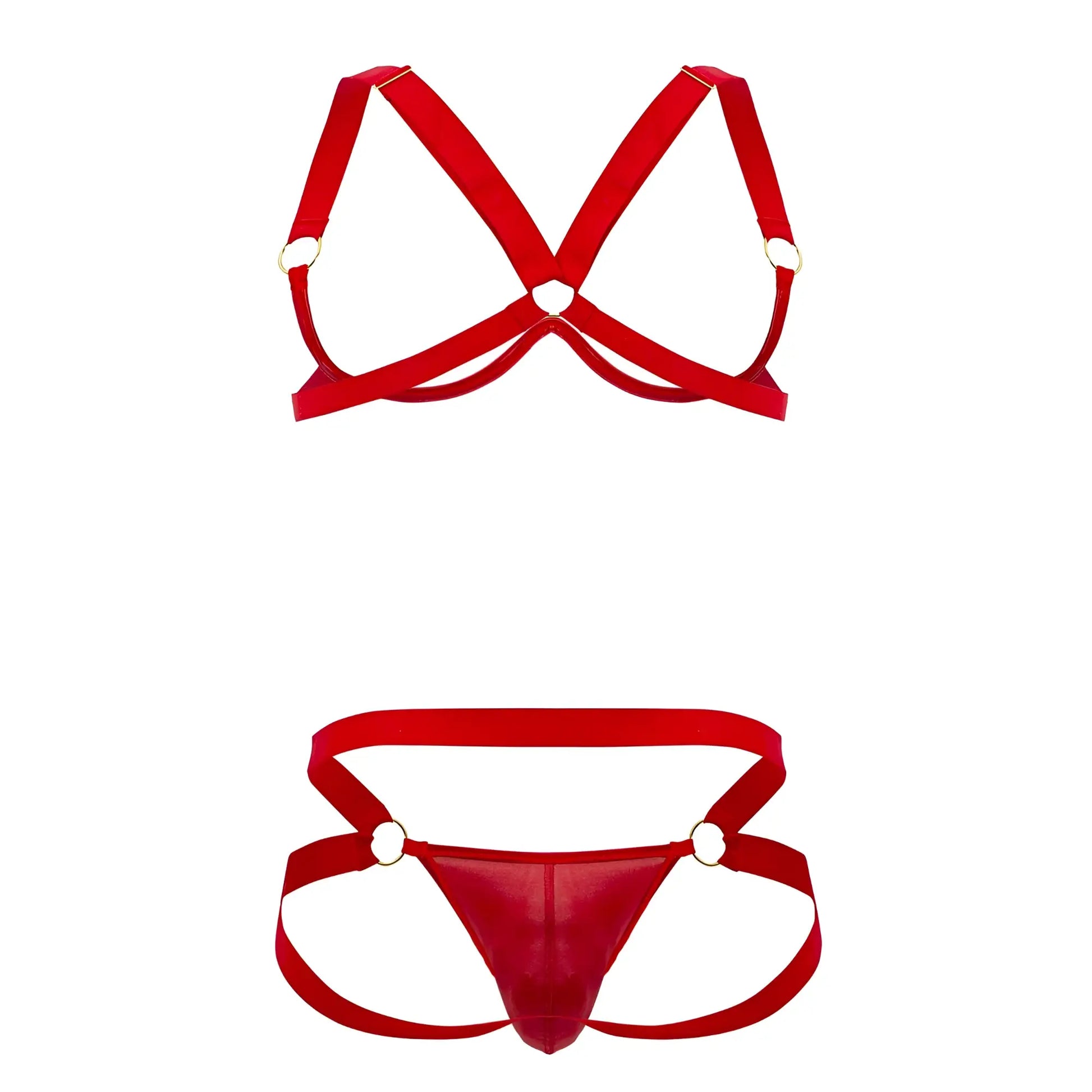 Red satin harness bra two piece set with gold toned metal rings by candyman in color red