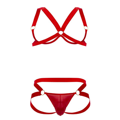 Red satin harness bra two piece set with gold toned metal rings by candyman in color red