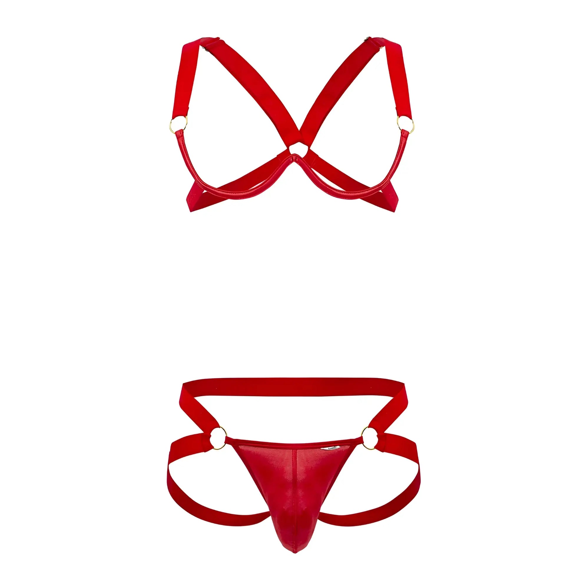 Candy man 99731 harness-bra two piece set in red shiny latex with metallic rings and harness-style design