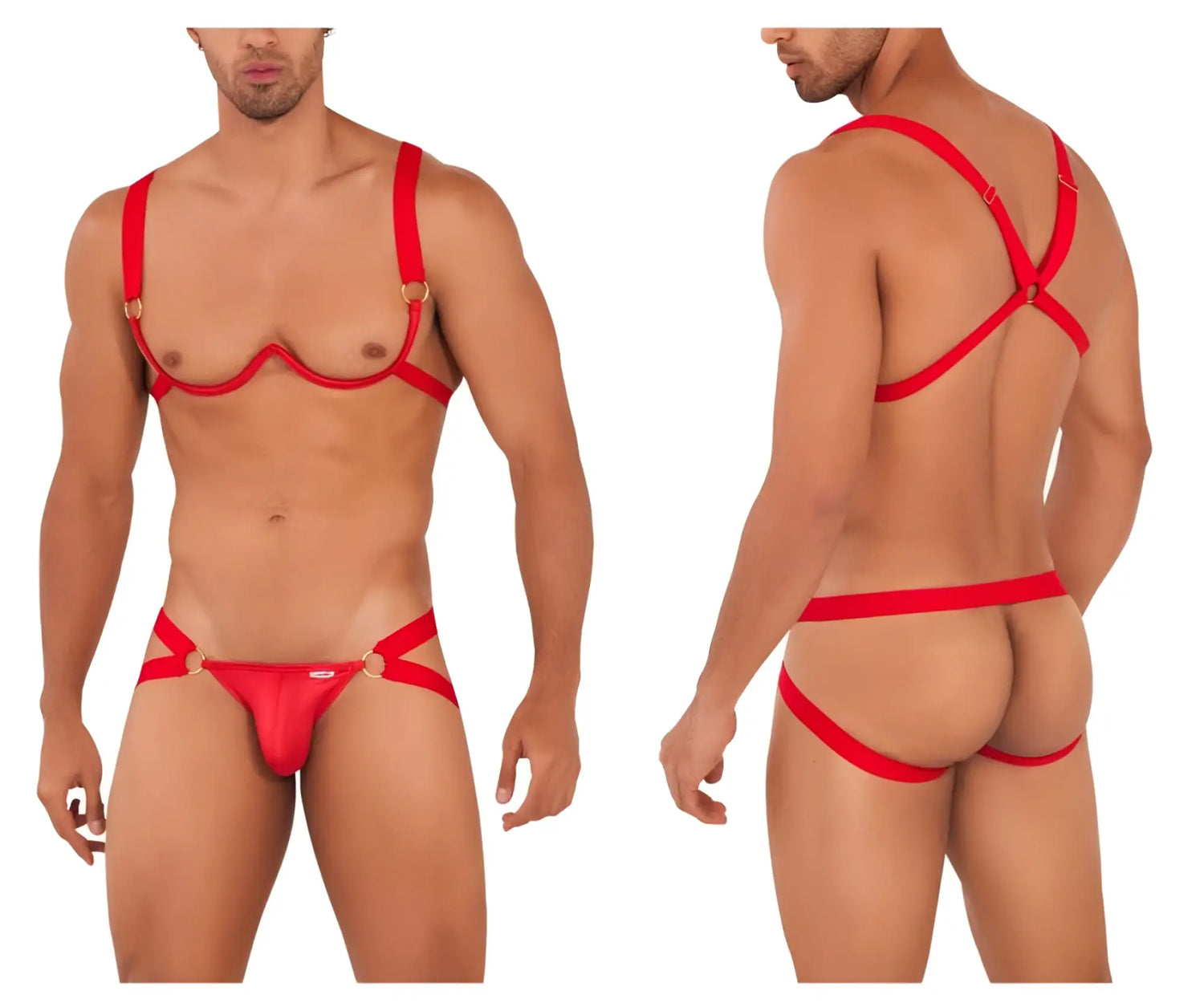 Red Candyman 99731 harness-bra two piece set with adjustable straps and gold-tone hardware in red lingerie