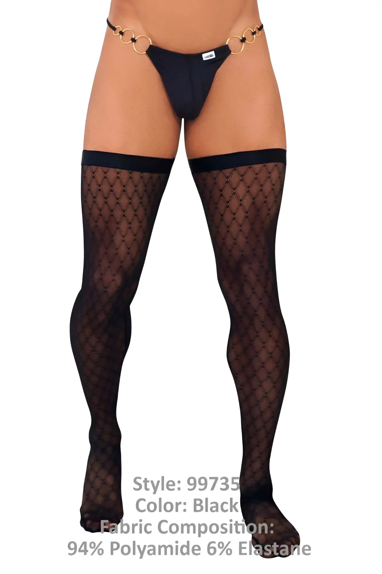 CandyMan 99735 black mesh thigh highs with fishnet pattern and gold-toned chain belt accessory