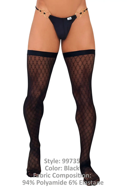 CandyMan 99735 black mesh thigh highs with fishnet pattern and gold-toned chain belt accessory